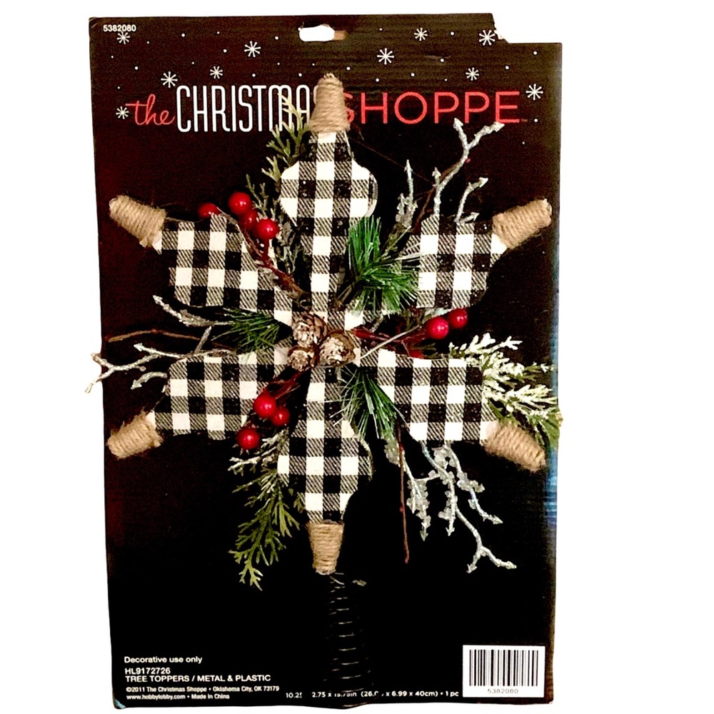 Xmas Shoppe Black & White Buffalo Check Tree Topper Jute Rope Red Berries